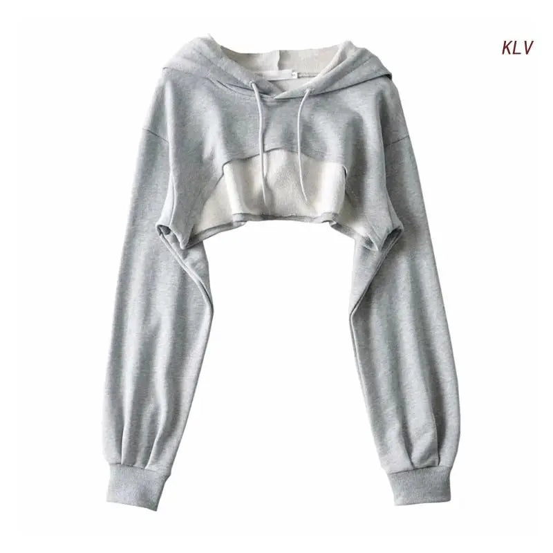 Womens Long Sleeve Cropped Hoodies Sweatshirt Aesthetic Punk Hip-Hop Dance Plain Sexy Rave Cutout Loose Super Crop Top