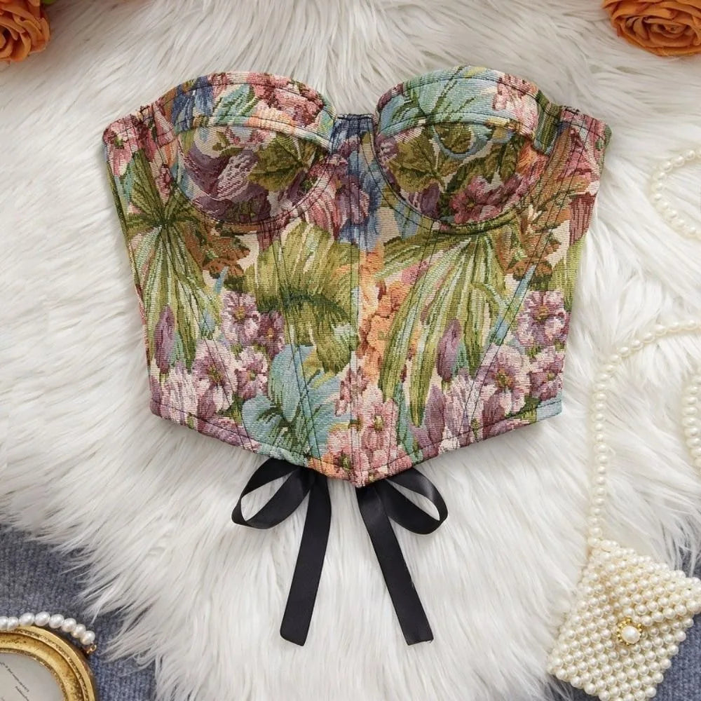 Boned Floral Underwired Corset Off-shoulder Abdominal Shaping Women's Shapewear Multi-Color Jacquard Strapless Corset Top
