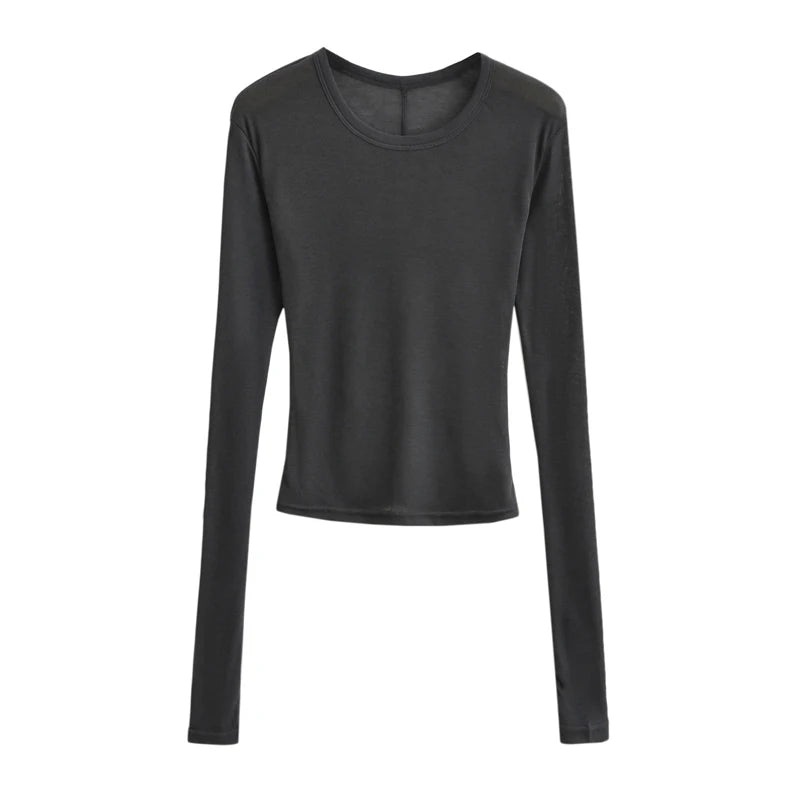 Autumn basic casual round neck long sleeved T-shirt top, high elasticity semi transparent slim knit fabric top