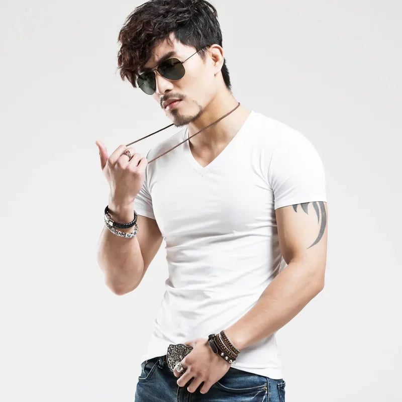 2026 Brand New Men T Shirt Tops V neck Short Sleeve Tees Men's Fashion Fitness Hot T-shirt For Male Man T-shirt Size 5XL