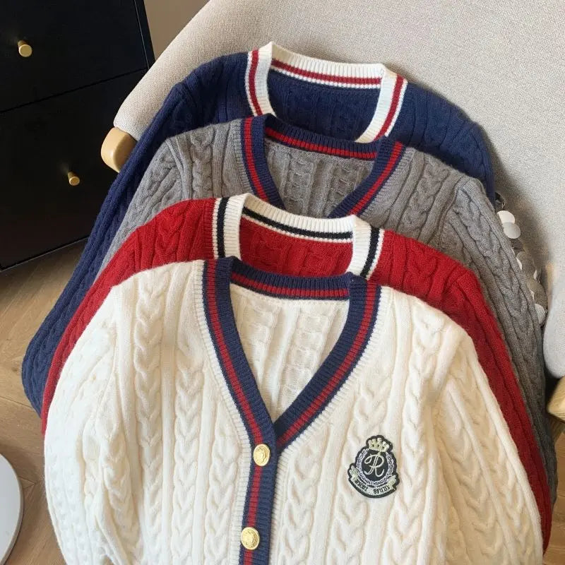 2025 Autumn Winter Preppy Style V-Neck Knitting Long Sleeve Cardigan Women Casual Appliques Single Breasted Female Loose Sweater