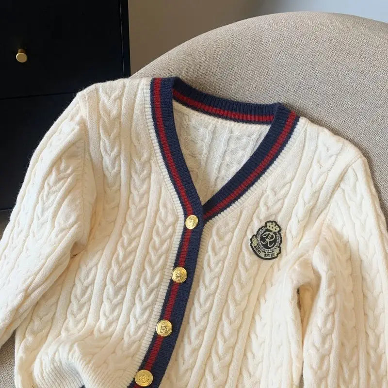 2025 Autumn Winter Preppy Style V-Neck Knitting Long Sleeve Cardigan Women Casual Appliques Single Breasted Female Loose Sweater