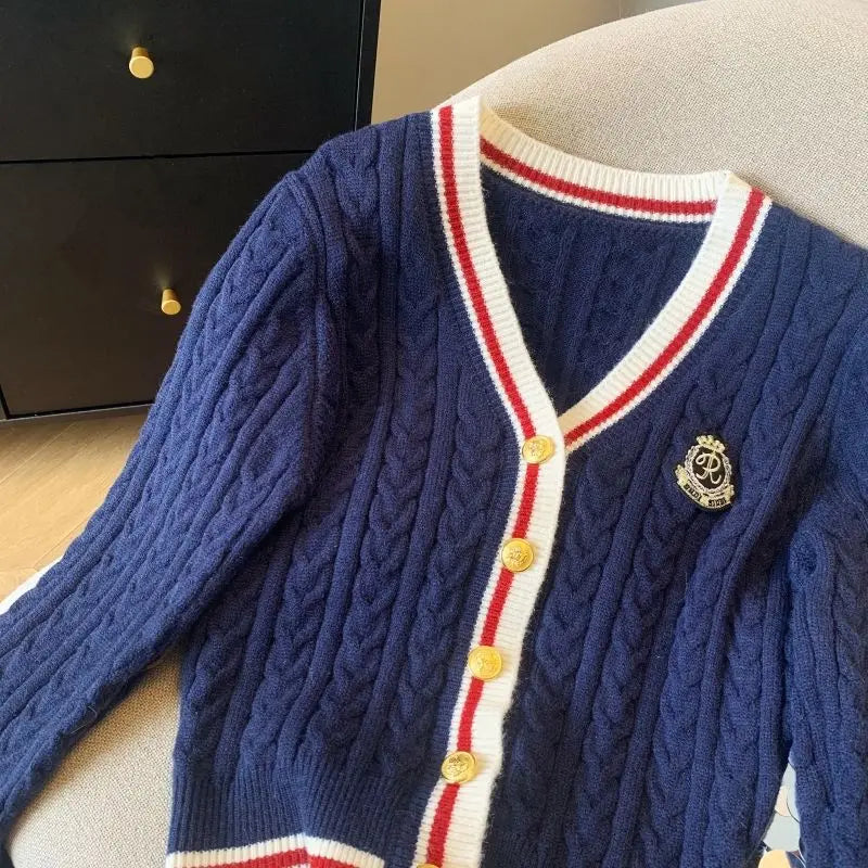 2025 Autumn Winter Preppy Style V-Neck Knitting Long Sleeve Cardigan Women Casual Appliques Single Breasted Female Loose Sweater