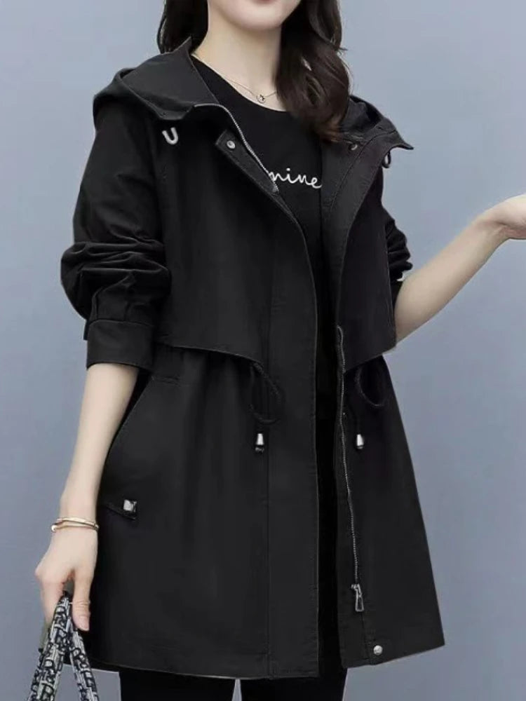 Spring and Autumn 2023 Women's Mid-length Trench Coat Hooded Zipper Tie-in Jackets British Style Loose Coats Women's Clothing