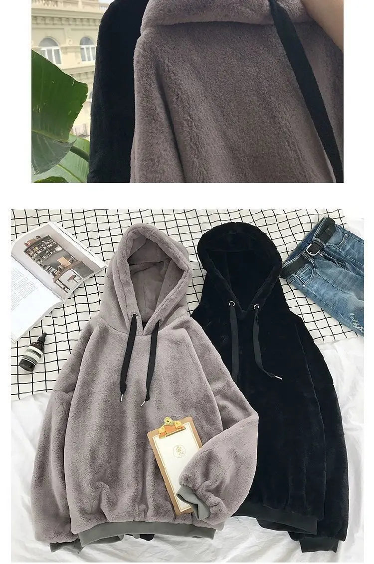 Plus Velvet Hoodies Women Hooded Thicker Furry Cozy Korean Fashion Couples Simple Winter Warm Coats Loose Outwear Slouchy Ins