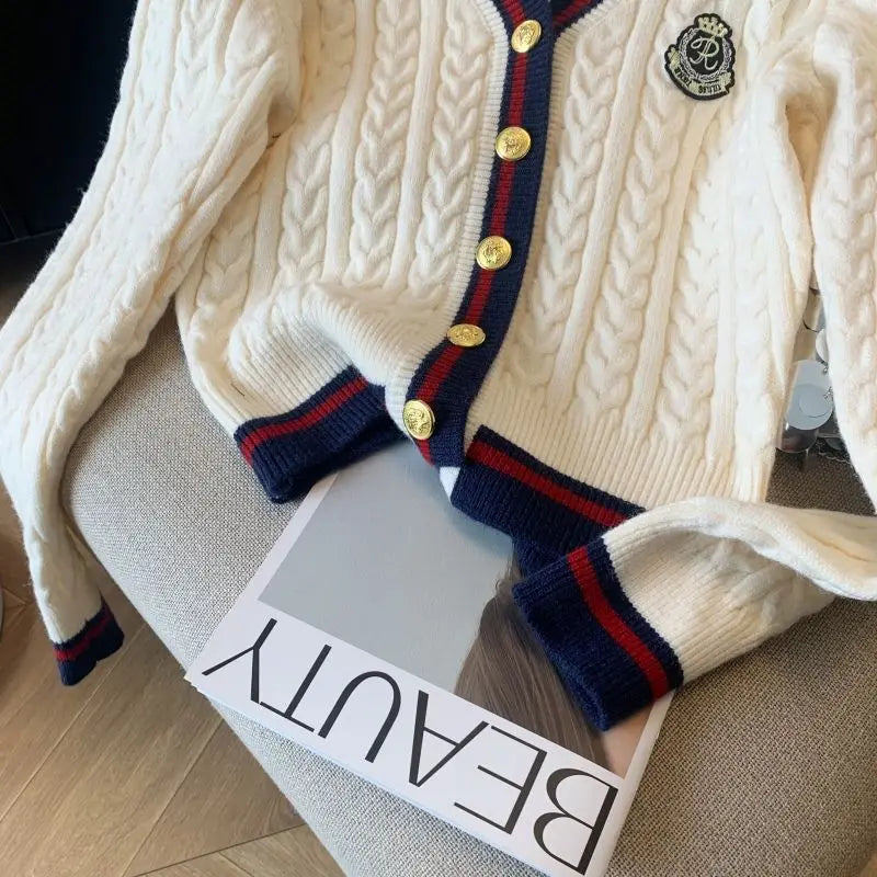 2025 Autumn Winter Preppy Style V-Neck Knitting Long Sleeve Cardigan Women Casual Appliques Single Breasted Female Loose Sweater