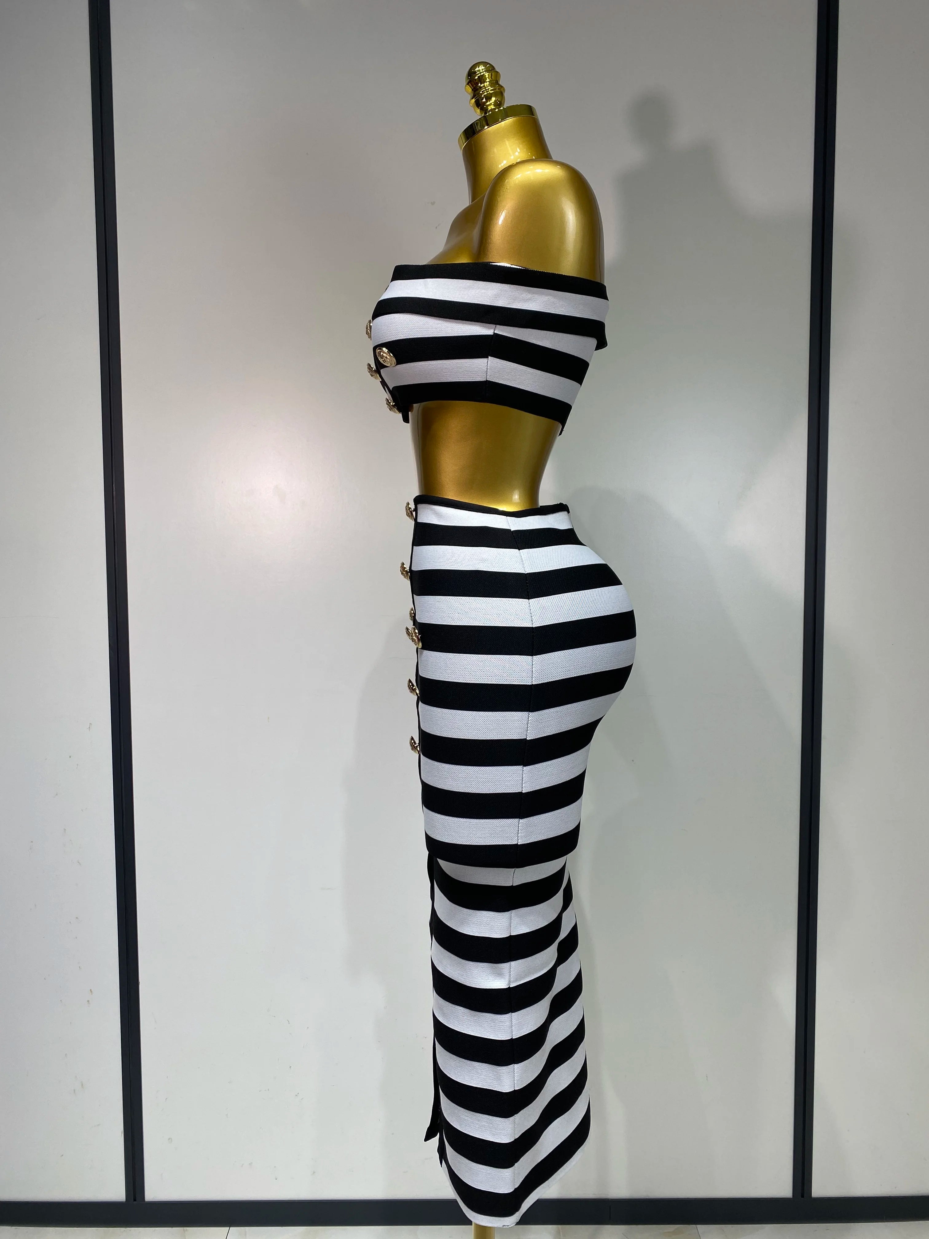 Women Sexy Off Shoulder Striped Button Two Piece Mini Bandage Set 2025 Celebrity Designer Evening Party Luxury Birthday Outfit