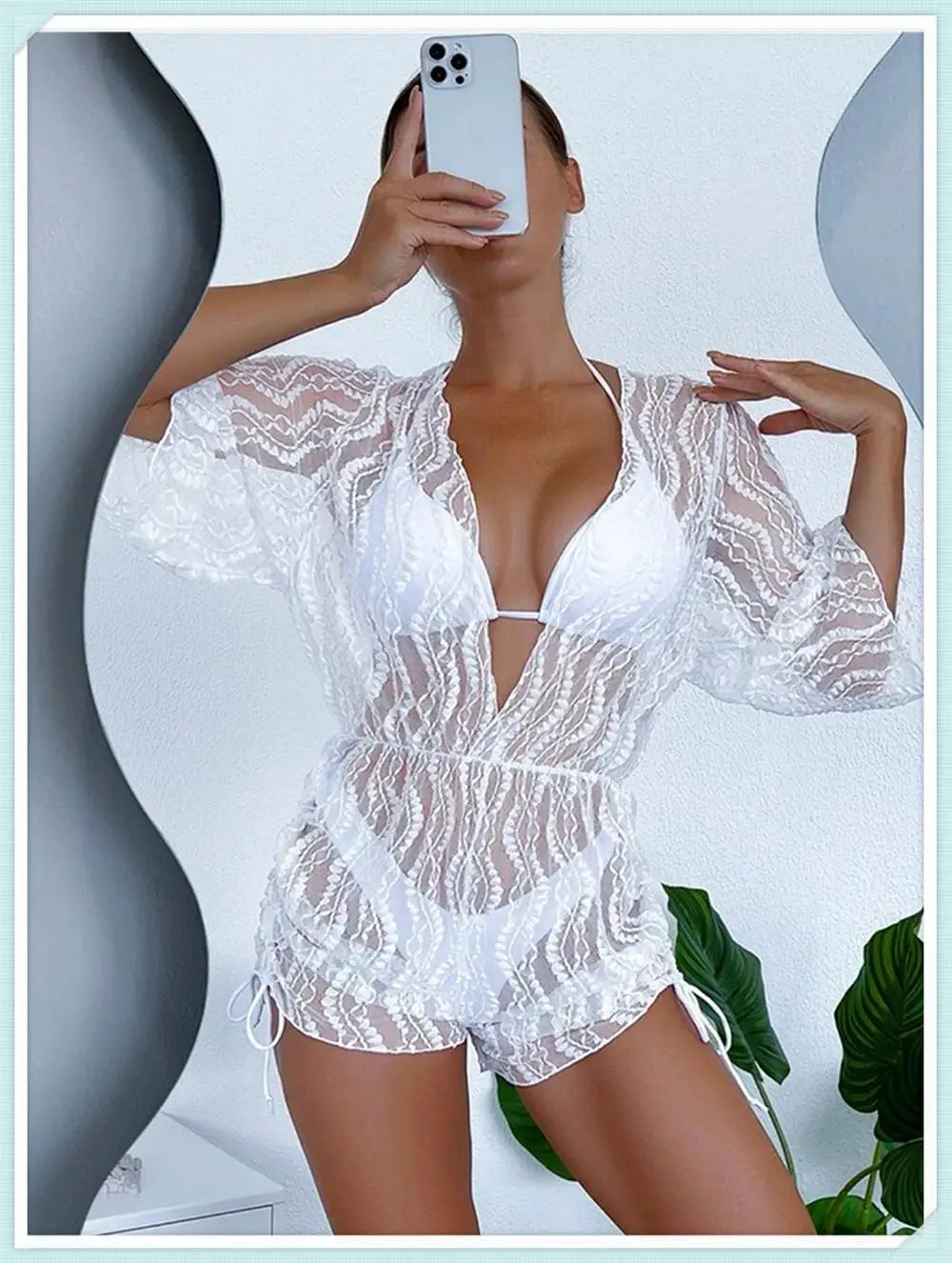 3 pieces Halter Bikini Tropical Print Swimsuit Drawstring Side Swimwear Women Long Sleeve Bathing Suit Female Swimming Beachwear