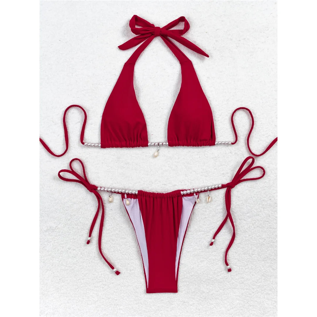 Pearls Halter High Leg Cut Strappy Bikini Women Swimwear Female Swimsuit Two-pieces Bikini set Bather Bathing Suit Swim V6290
