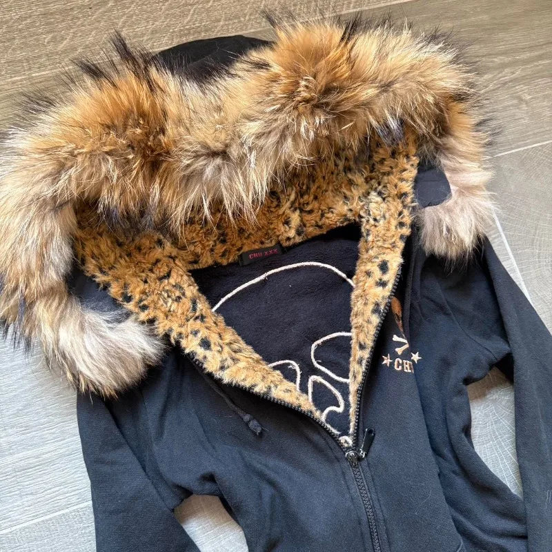 Y2K Harajuku New Fashion Skull Embroidery Plus Velvet Padded Casual Joker Vintage Popular Hip Hop Couples Fur Collar Coat Tops