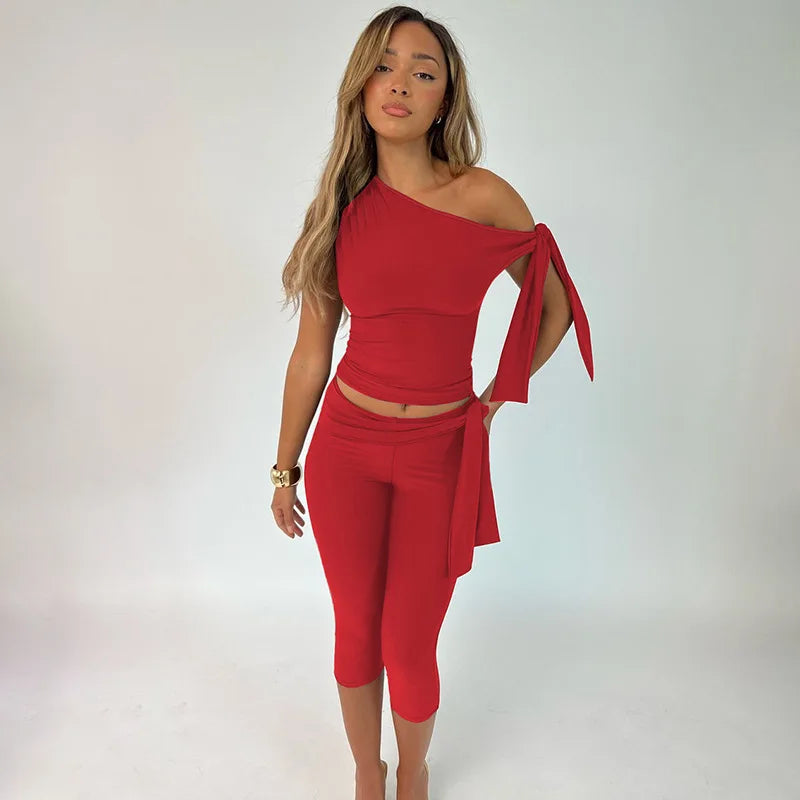 Hugcitar Fashion 2 Pcs Sets Solid One Shoulder Sleeveless Draped Sexy Top Knee Length Pants Women Y2K Outfits Festival Party