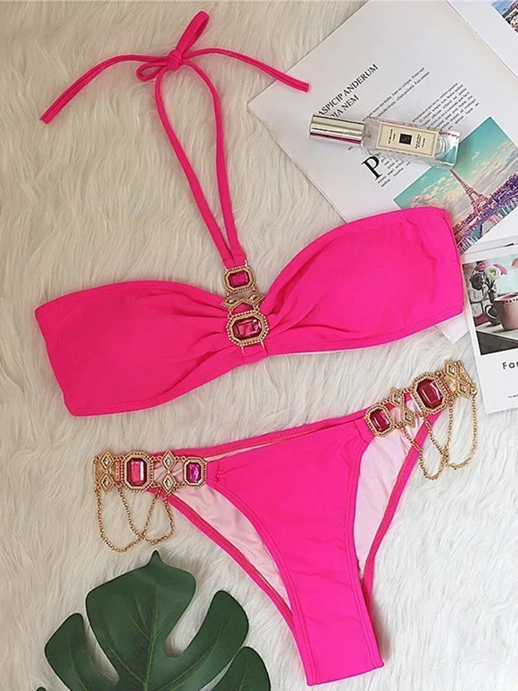 2025 Rhinestone Swimsuit Women Bikinis Crystal Diamond Bikini Set Metal Chain Swimwear female Luxury Aristocratic Swimming Suit