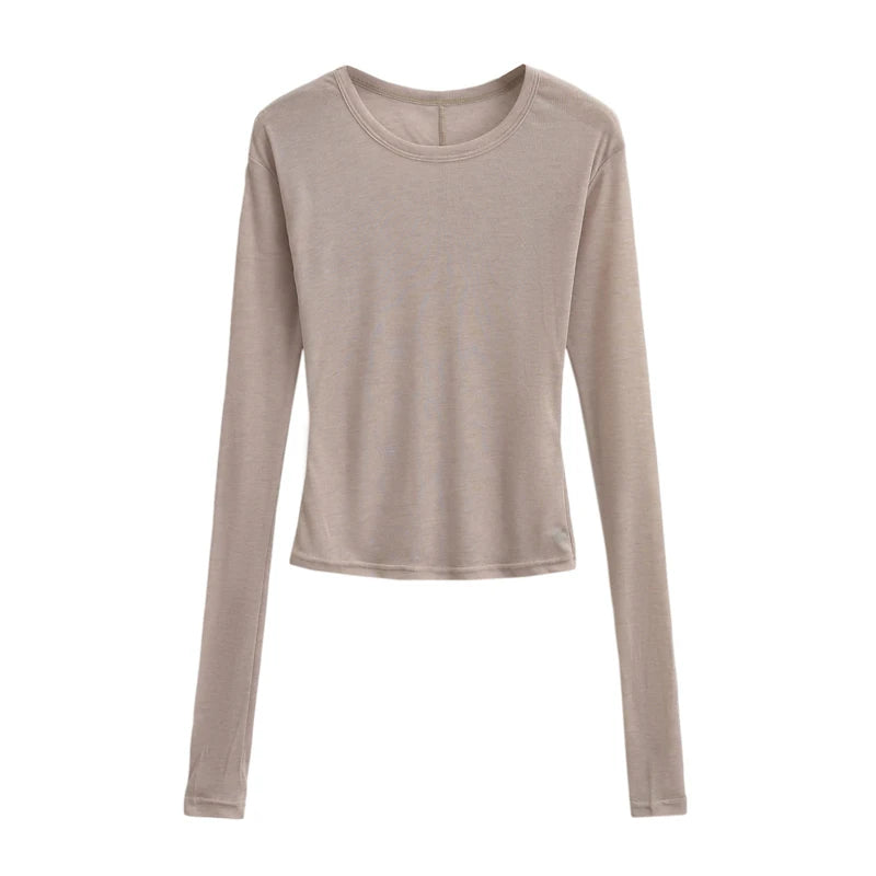 Autumn basic casual round neck long sleeved T-shirt top, high elasticity semi transparent slim knit fabric top