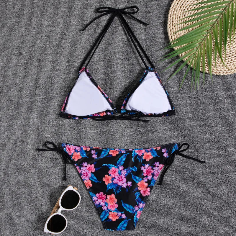 Leaves Print Swimsuit for Women,low Waist Drawstring Bikini,2-piece Swimwear,V-neck Susupender Backless Bathing Suit,beachwear