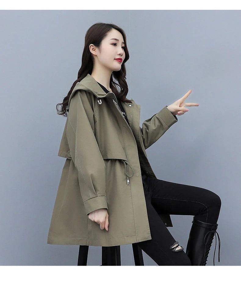 Spring and Autumn 2023 Women's Mid-length Trench Coat Hooded Zipper Tie-in Jackets British Style Loose Coats Women's Clothing