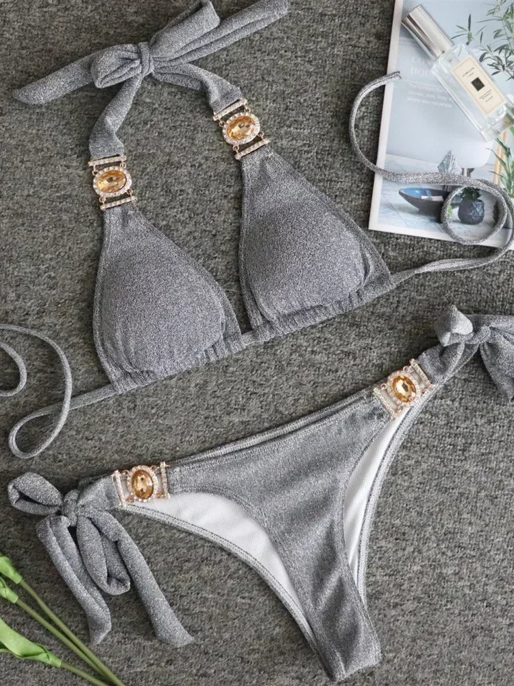 2025 Rhinestone Swimsuit Women Bikinis Crystal Diamond Bikini Set Metal Chain Swimwear female Luxury Aristocratic Swimming Suit