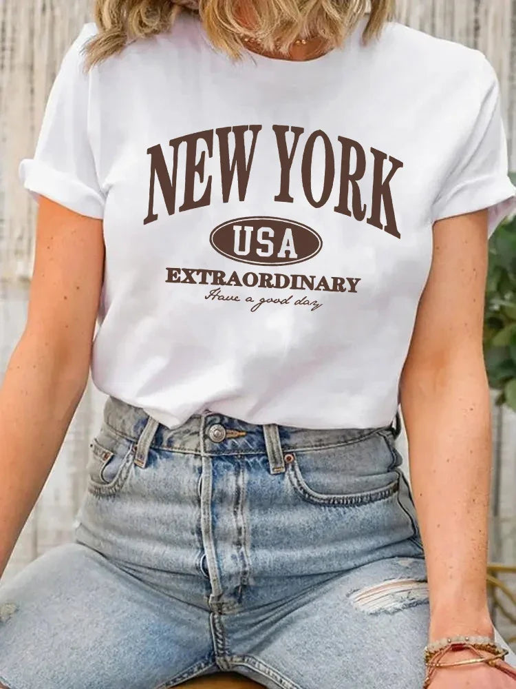 New York City Letter Printed T-shirt Fashion Casual T-shirt Pure Cotton Fun Women's Sports Top Creative Summer Women's T-shirt