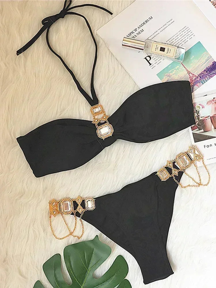 2025 Rhinestone Swimsuit Women Bikinis Crystal Diamond Bikini Set Metal Chain Swimwear female Luxury Aristocratic Swimming Suit
