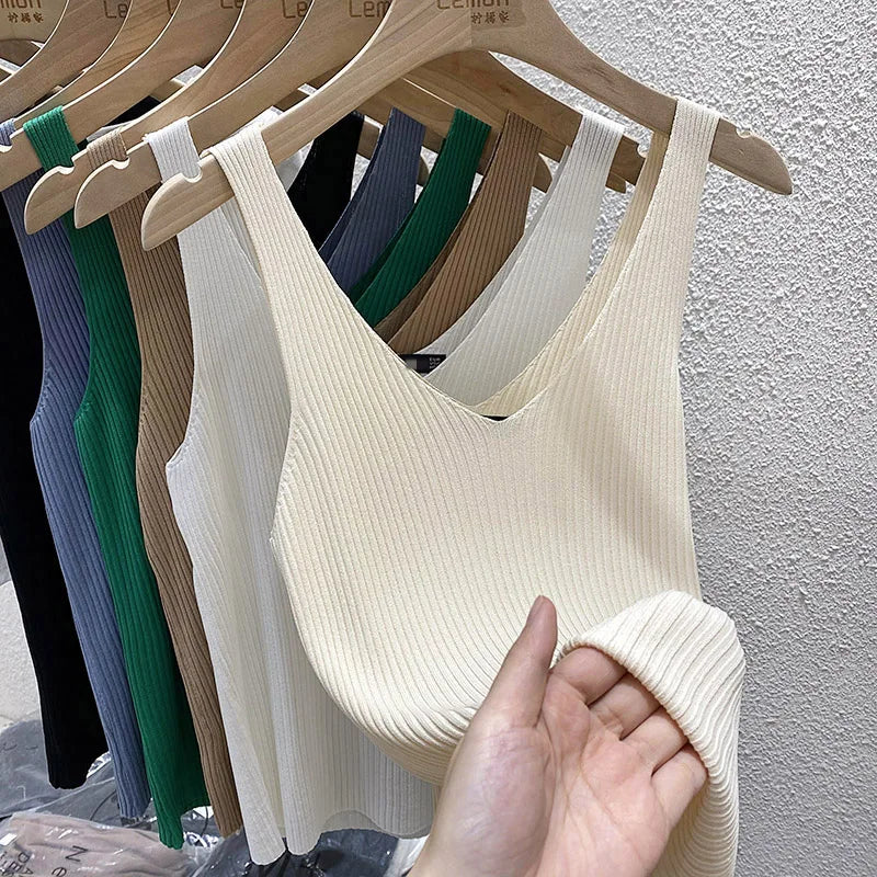 Zjaiss 2026 Summer Fashion Women Camisole Ice Silk Knit Tank Top Slim Fit Sleeveless Base Top Solid Color V-Neck Crop Top