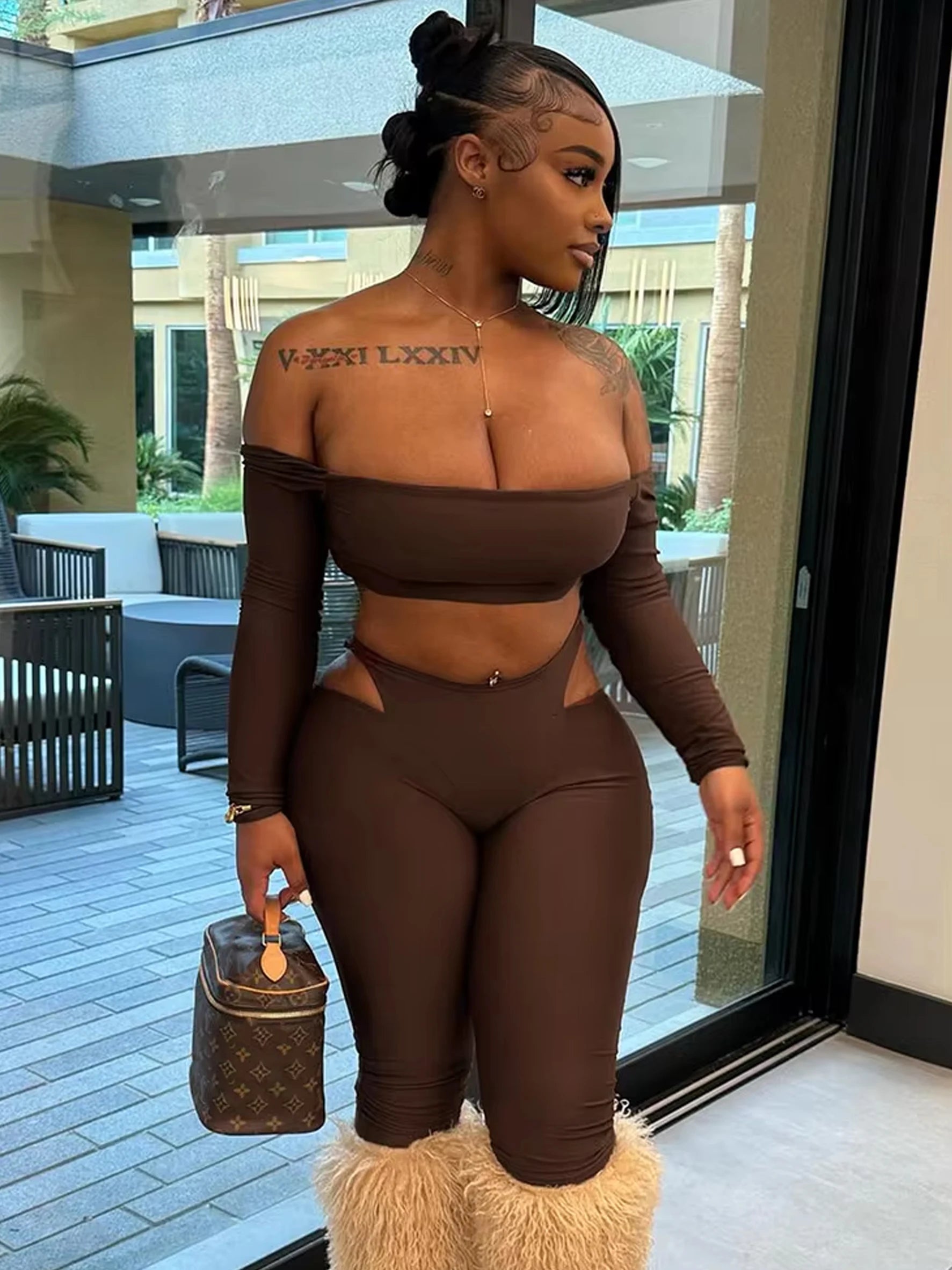 Cutenew Tight Slash Neck 2 Piece Set Women Crop Tops+High-Waist Hollow Leggings Matching Streetwear Casual Sporty Outfits