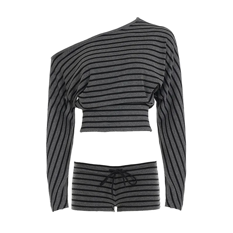 Korean Tees Striped Women Tshirts Long Sleeve Loose Camisetas 2025 Ropa Mujer Sexy Y2k Tops Off Shoulder Fashion Summer T-shirt