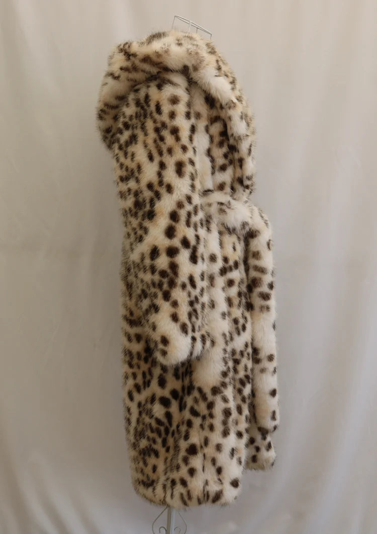 Women's leopard print faux fur coat fox fur long coat Wool hooded warm winter mink trench coat