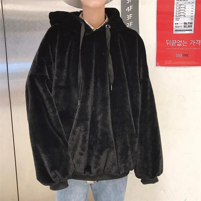 Plus Velvet Hoodies Women Hooded Thicker Furry Cozy Korean Fashion Couples Simple Winter Warm Coats Loose Outwear Slouchy Ins