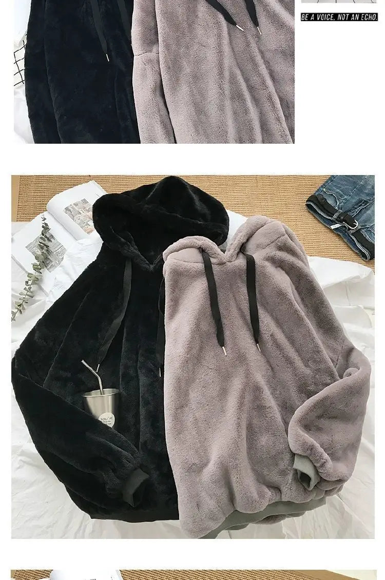 Plus Velvet Hoodies Women Hooded Thicker Furry Cozy Korean Fashion Couples Simple Winter Warm Coats Loose Outwear Slouchy Ins