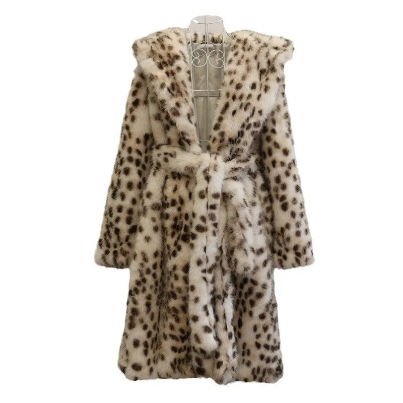 Women's leopard print faux fur coat fox fur long coat Wool hooded warm winter mink trench coat