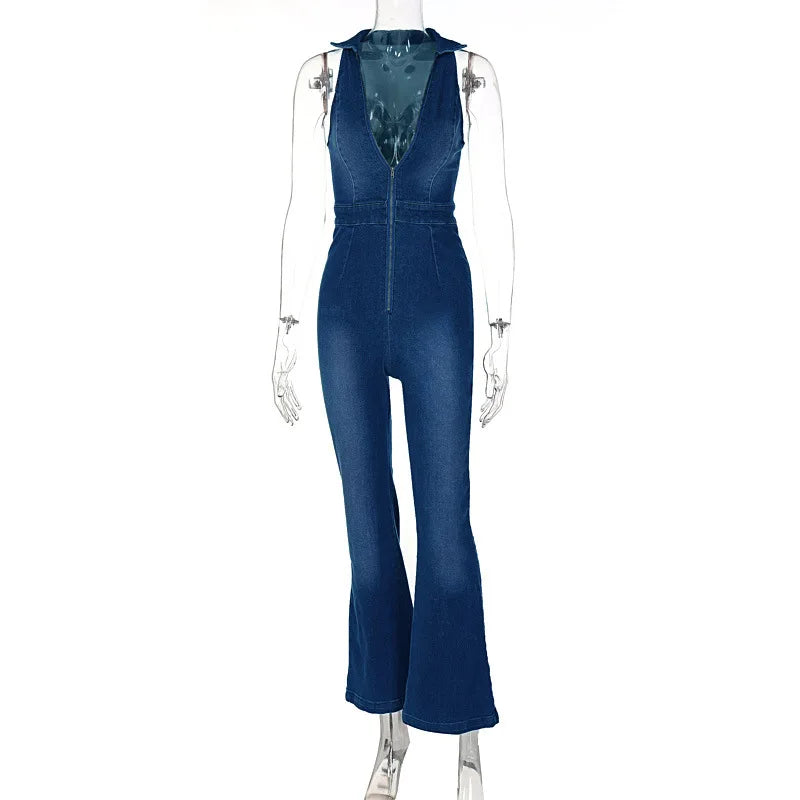 Hugcitar Denim Jumpsuit V Neck Zipper Bell Sleeveless Sexy Outifts Elegant Backpacker  Party Summer 2023