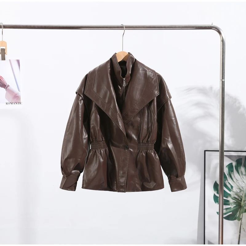 Fashion Brown Slim Waist Leather Jacket Women Loose Lapel Long Sleeve One Button Zipper Jackets 2026 Spring Street Lady Outwear