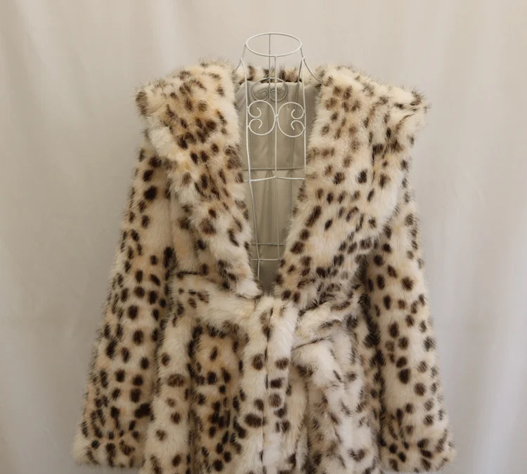 Women's leopard print faux fur coat fox fur long coat Wool hooded warm winter mink trench coat
