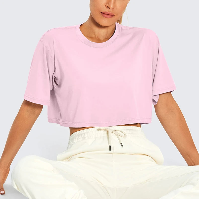 Round Neck Cut Coat Solid Color Women's Casual Loose And Comfortable T-shirt Basic Joker Street Fitness Sports Short Sleeves