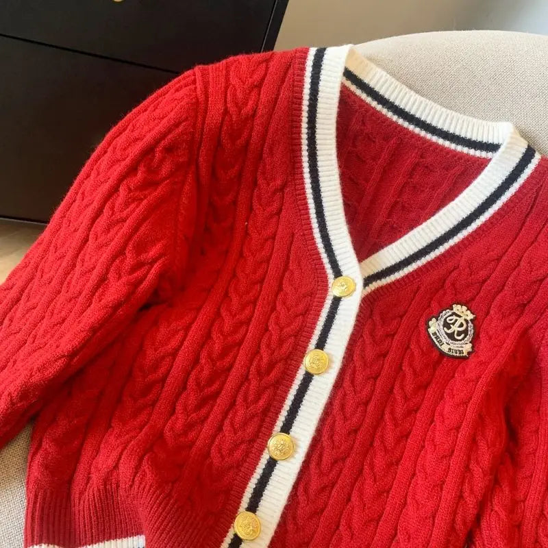 2025 Autumn Winter Preppy Style V-Neck Knitting Long Sleeve Cardigan Women Casual Appliques Single Breasted Female Loose Sweater
