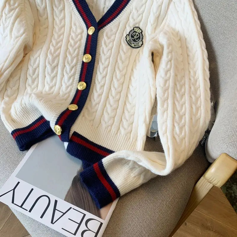 2025 Autumn Winter Preppy Style V-Neck Knitting Long Sleeve Cardigan Women Casual Appliques Single Breasted Female Loose Sweater