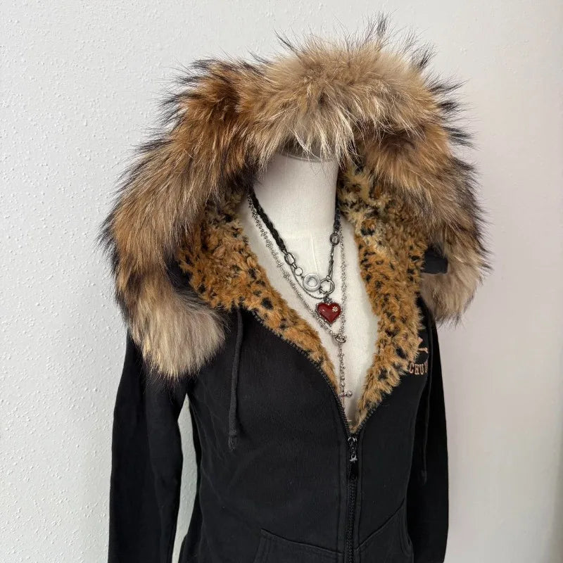 Y2K Harajuku New Fashion Skull Embroidery Plus Velvet Padded Casual Joker Vintage Popular Hip Hop Couples Fur Collar Coat Tops