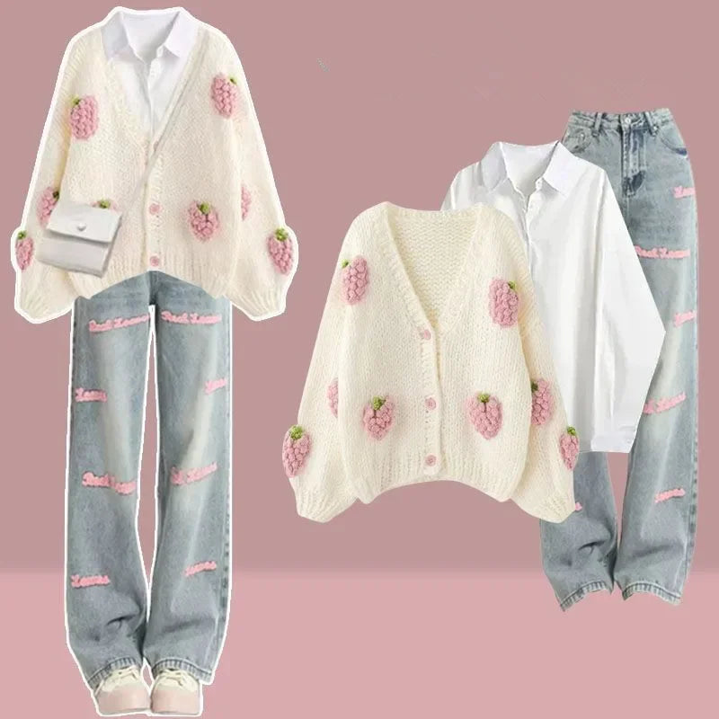 Spring Autumn Women Sweet Strawberry Sweater Cardigan Shirts Denim Pants 1 or 3 Piece Set Lady Fashion Knit Tops Jeans Outfits