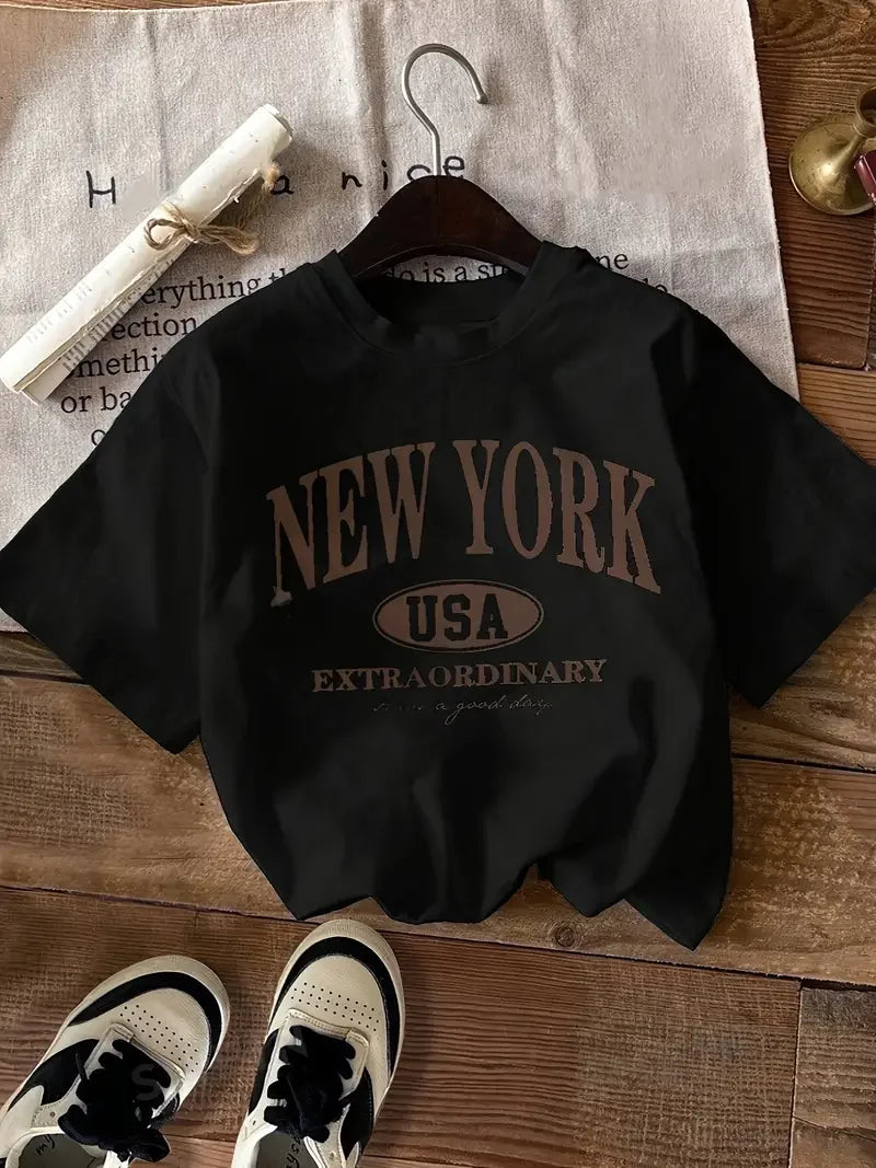 New York City Letter Printed T-shirt Fashion Casual T-shirt Pure Cotton Fun Women's Sports Top Creative Summer Women's T-shirt