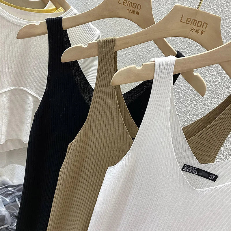 Zjaiss 2026 Summer Fashion Women Camisole Ice Silk Knit Tank Top Slim Fit Sleeveless Base Top Solid Color V-Neck Crop Top