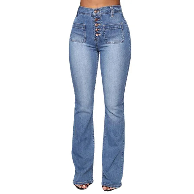 Europe and The United States Slim High Waist Breasted Jeans, Women's Spring and Autumn Fashion Wash Slightly Flared Pants Jeans
