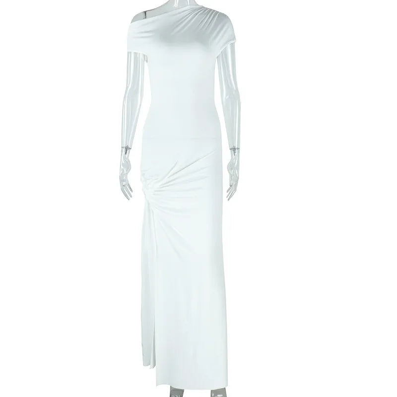 Leosoxs Elegant White Maxi Dresses for Women Irregular Short Sleeve High Split Pleated Bodycon Dress Female Party Evening Robe