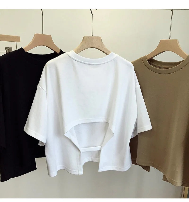 Summer Clothes Korean Sexy Backless Short O-Neck Women Casual Solid Color T-Shirt Short Sleeve Girl Tee Shirt Fashion Tops