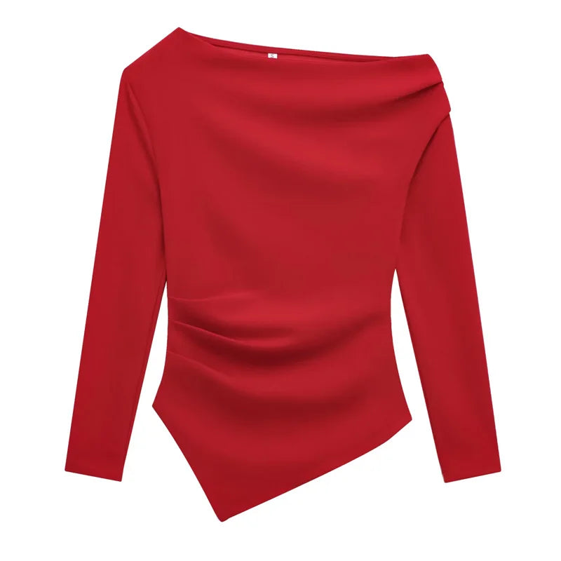 HXAO Womens Tops Off Shoulder Cropped Asymmetrical Top Spring 2025 Woman Ruffled Plain T-Shirts Long Sleeve Top Women's Blouses