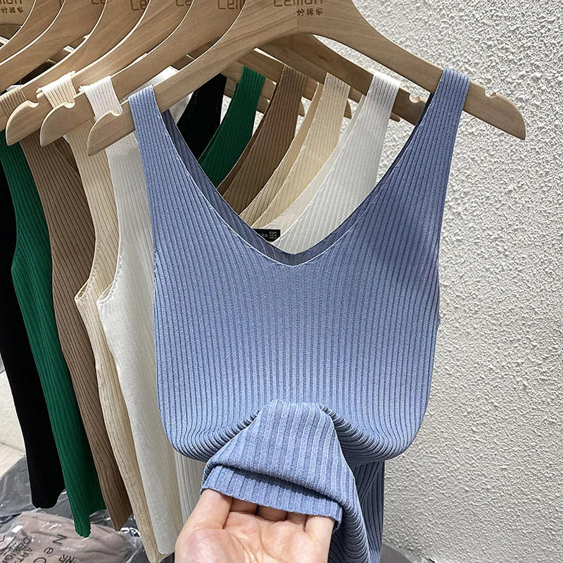 Zjaiss 2026 Summer Fashion Women Camisole Ice Silk Knit Tank Top Slim Fit Sleeveless Base Top Solid Color V-Neck Crop Top
