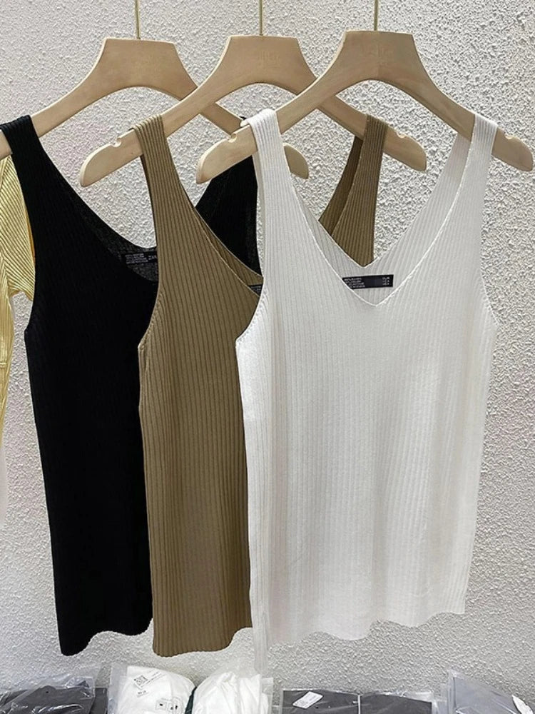 Zjaiss 2026 Summer Fashion Women Camisole Ice Silk Knit Tank Top Slim Fit Sleeveless Base Top Solid Color V-Neck Crop Top