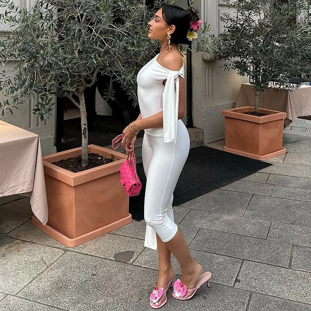 Hugcitar Fashion 2 Pcs Sets Solid One Shoulder Sleeveless Draped Sexy Top Knee Length Pants Women Y2K Outfits Festival Party