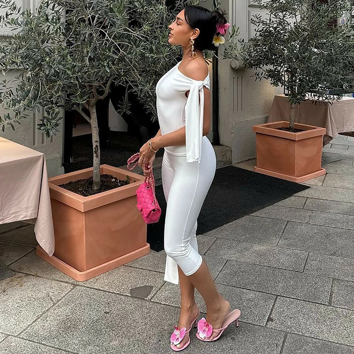 Hugcitar Fashion 2 Pcs Sets Solid One Shoulder Sleeveless Draped Sexy Top Knee Length Pants Women Y2K Outfits Festival Party