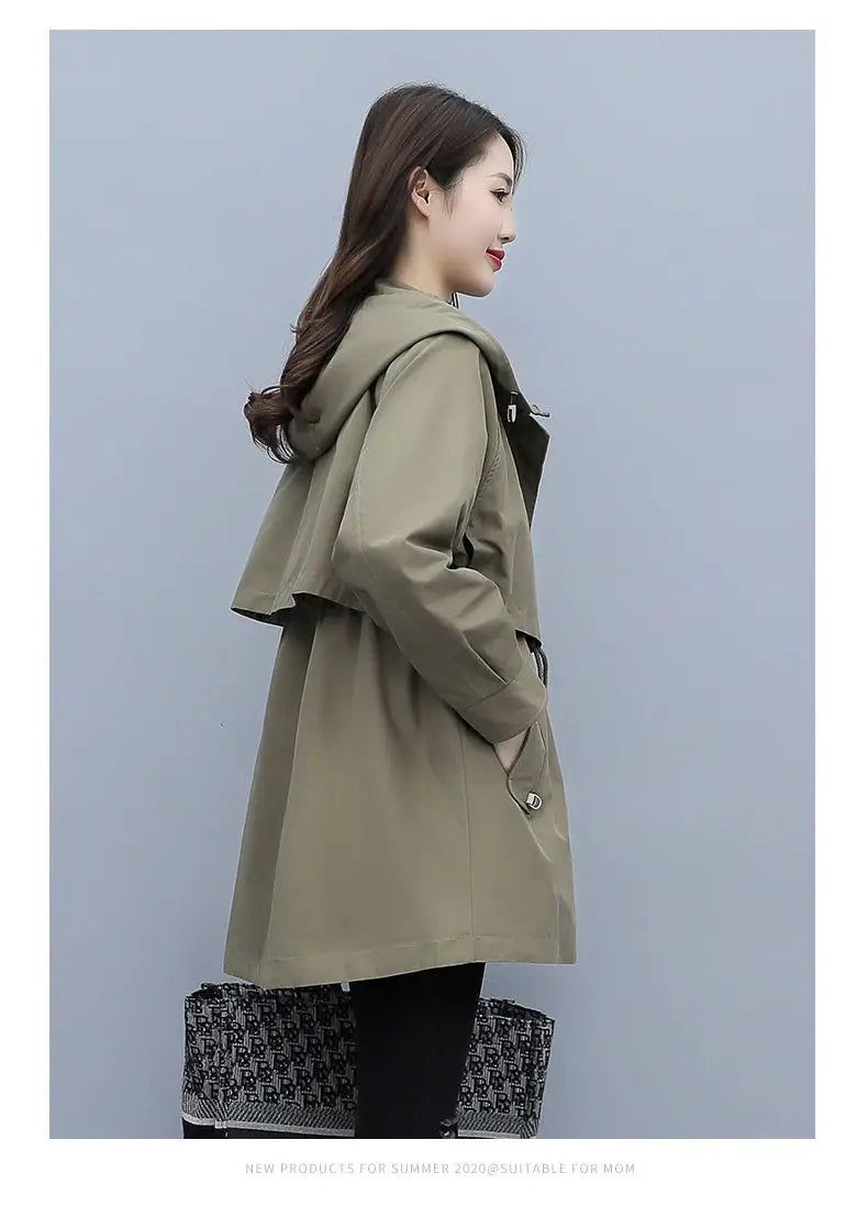 Spring and Autumn 2023 Women's Mid-length Trench Coat Hooded Zipper Tie-in Jackets British Style Loose Coats Women's Clothing