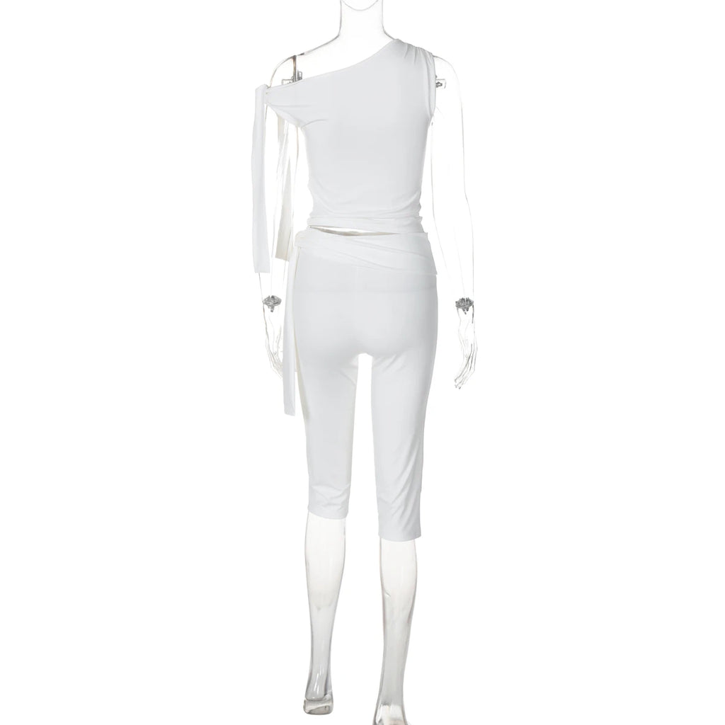 Hugcitar Fashion 2 Pcs Sets Solid One Shoulder Sleeveless Draped Sexy Top Knee Length Pants Women Y2K Outfits Festival Party
