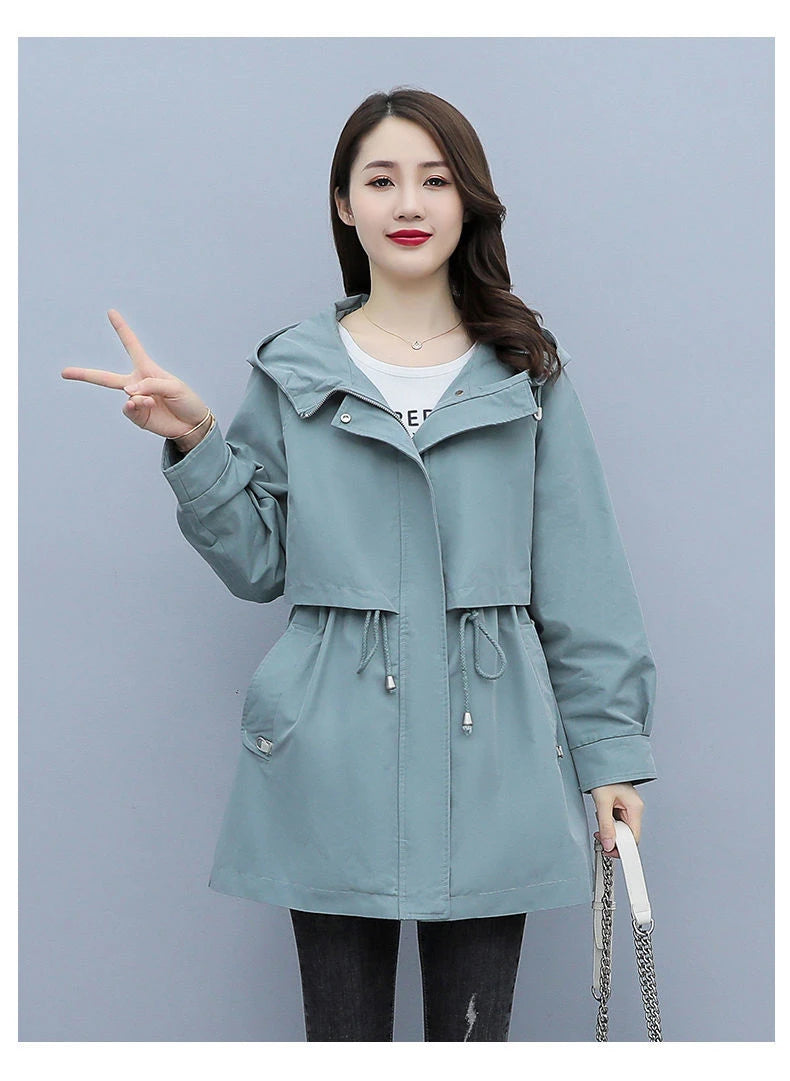 Spring and Autumn 2023 Women's Mid-length Trench Coat Hooded Zipper Tie-in Jackets British Style Loose Coats Women's Clothing